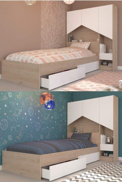 Jugendzimmer Shelter 8 3teilig von Parisot in Weiß und Eiche Jugendzimmer Möbel mit Jugendbett, Bettschubkästen und Anstellregal - Jugendzimmer Kinderzimmer Möbel Teenagerzimmer