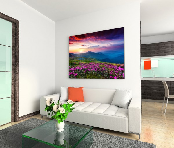 120x80cm Wandbild Ukraine Berge Wiesen Blumen Abendsonne