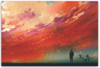 Mann mit Fahrrad vor roten Wolken Wandbild in verschiedenen Größen