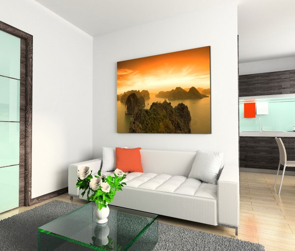 120x80cm Wandbild Vietnam Halong Bay Felsen Meer Sonnenuntergang