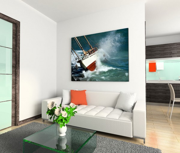 120x80cm Wandbild Meer Wellen Segelboot Schiffbruch