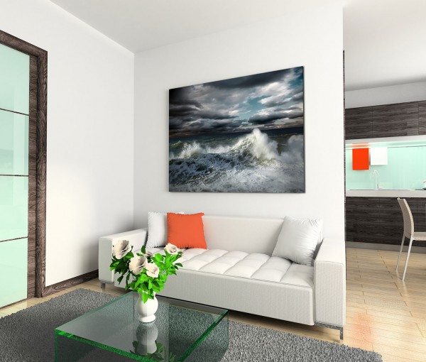 120x80cm Wandbild Meer Ozean Wellen Sturm Wolkenhimmel