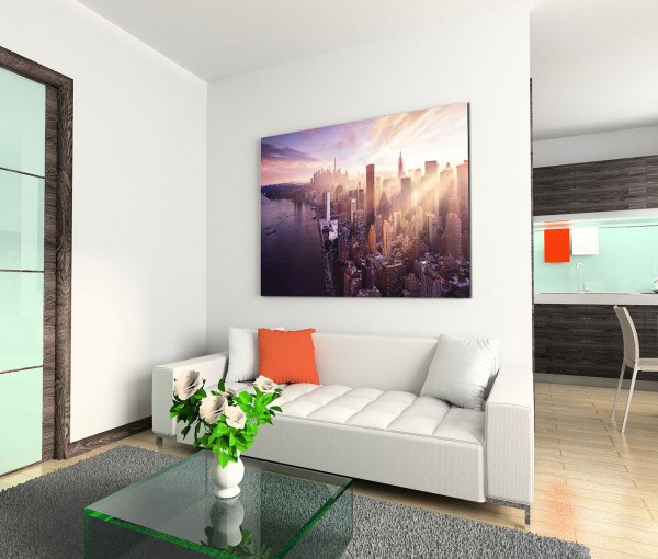 120x80cm Wandbild New York Manhattan Wolkenkratzer Wasser Abendlicht