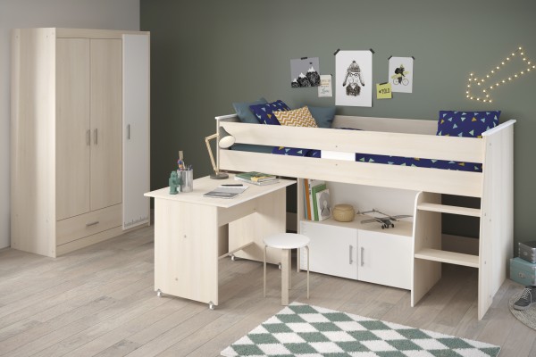 Jugendzimmer Charly 6 von Parisot 2teilig in Akazie und Weiß mit Hochbett und 3türigem Kleiderschrank - Jugendzimmer Kinderzimmer Möbel Teenagerzimmer