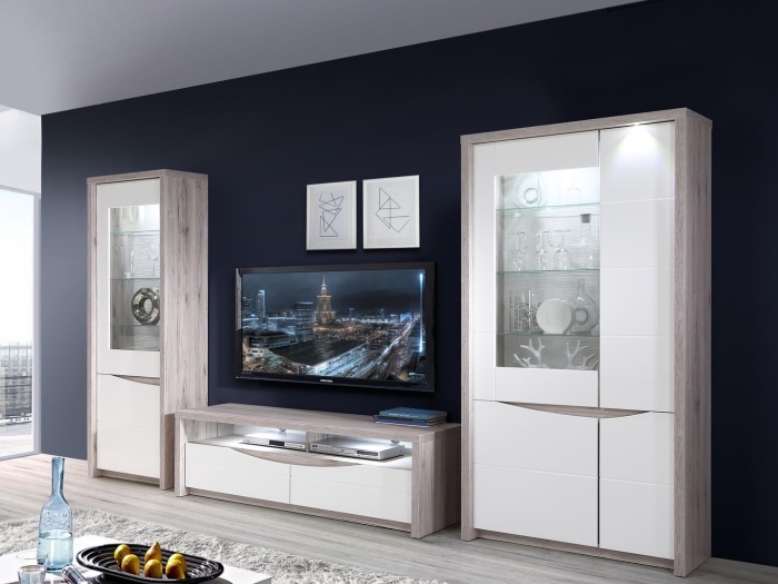 Wohnwand Saint Tropez in Sandeiche und Weiß Hochglanz mit LED Komplett Set
