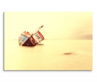 120x80cm Wandbild Meer Sandbank Boot gestrandet Sonnenuntergang