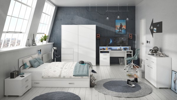 Jugendzimmer Gaming Zimmer Tezaur "Snow" von Forte 6 teilig mit großem Gaming- Schreibtisch, 140er Bett mit Bettschubkasten, Schwebetürenschrank, Kommode und Nachttisch