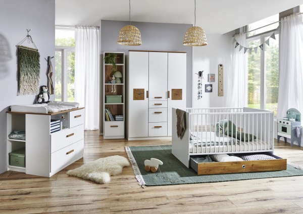 Babyzimmer Gotland 6 teiliges Komplett Set von Wimex mit Kleiderschrank, Babybett mit Umbauseiten, Wickelkommode mit einem Seitenregal, Standregal - Kinderzimmer, Babyzimmermöbel, Erstausstattung