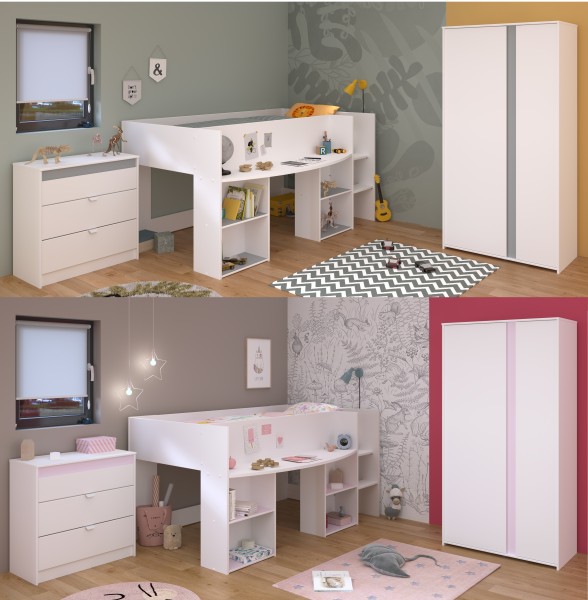 Jugendzimmer Pirouette 12 3teilig von Parisot in Weiß und Rosa / Kieselgrau - Jugendzimmer Kinderzimmer Möbel Teenagerzimmer