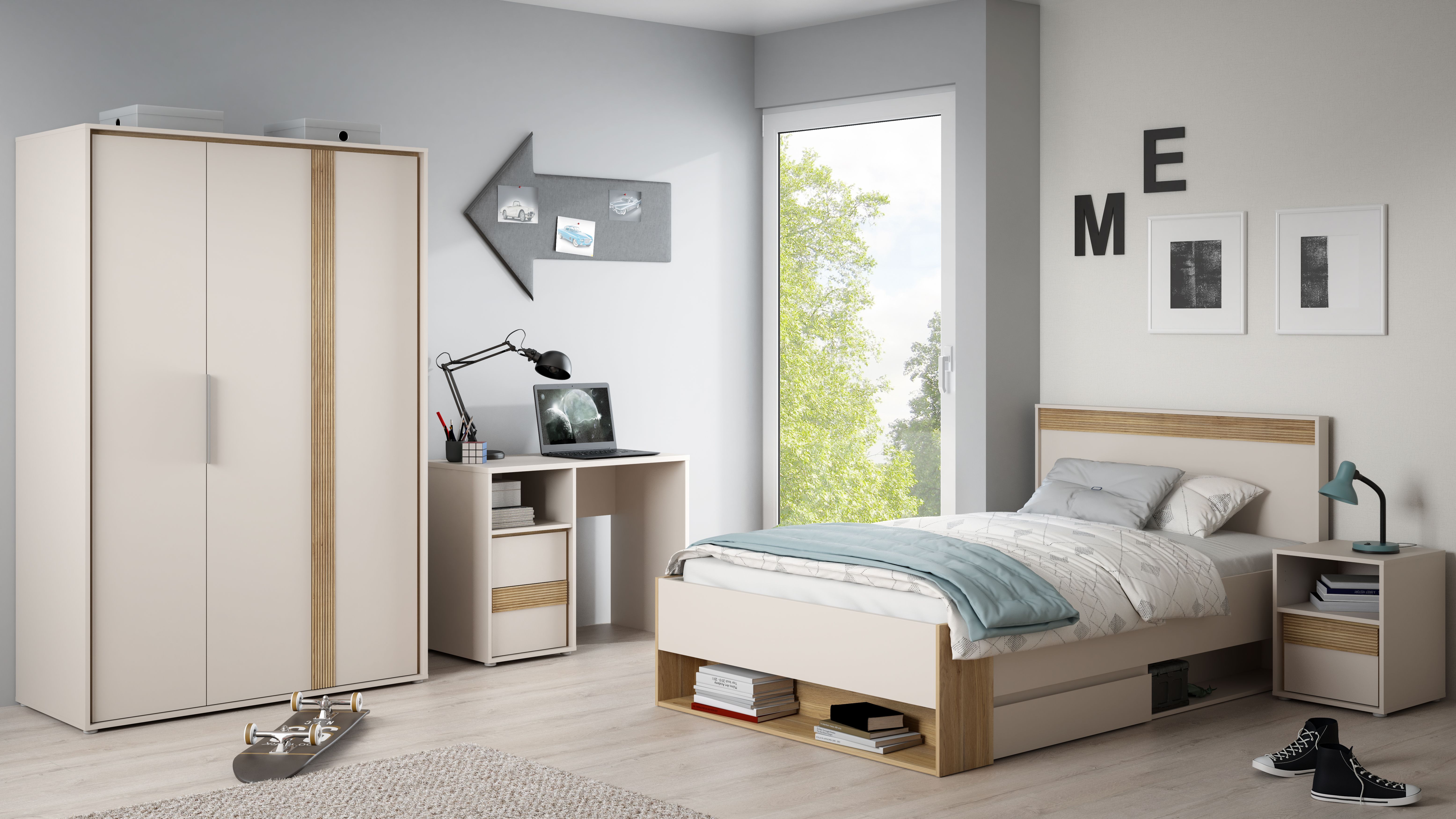 Jugendzimmer Wexlin in Mauvella Eiche und Sand - Kinderzimmer Komplett Set mit Lamellenoptik
