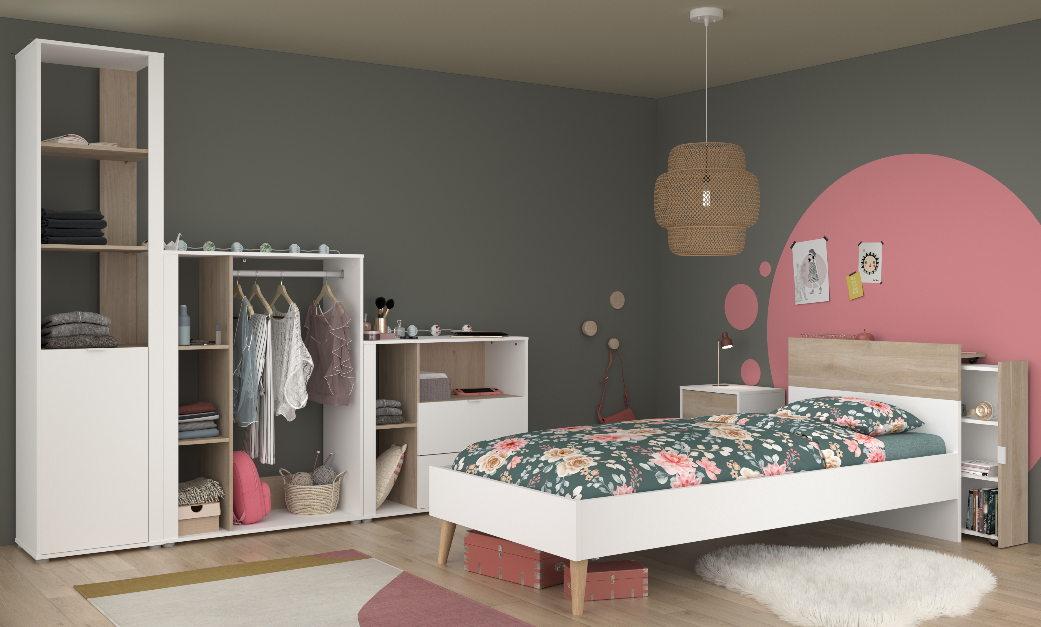 Jugendzimmer Aalborg von Parisot in Weiß und Japanischer Eiche komplett Set