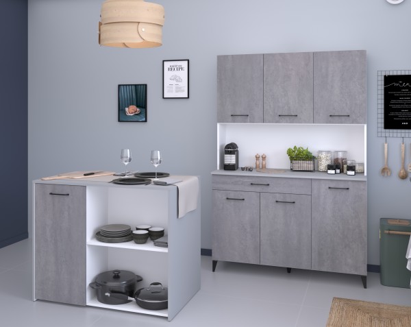 Buffet Set Küchenbuffet Küchenschrank Malice 4 von Parisot 2 teilig in Weiß und Beton Komplett