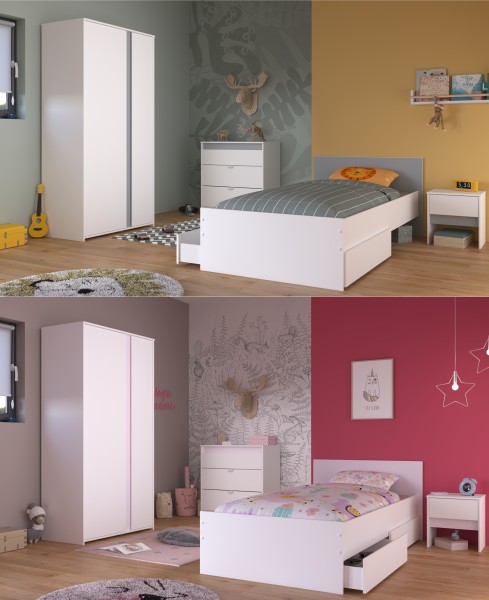 Jugendzimmer Pirouette 22 5-teilig von Parisot in Weiß und Rosa / Kieselgrau mit Kleiderschrank, Jugendbett mit Bettschubkastenset und Nachttisch, Kommode - Jugendzimmer Kinderzimmer Möbel Teenagerzimm