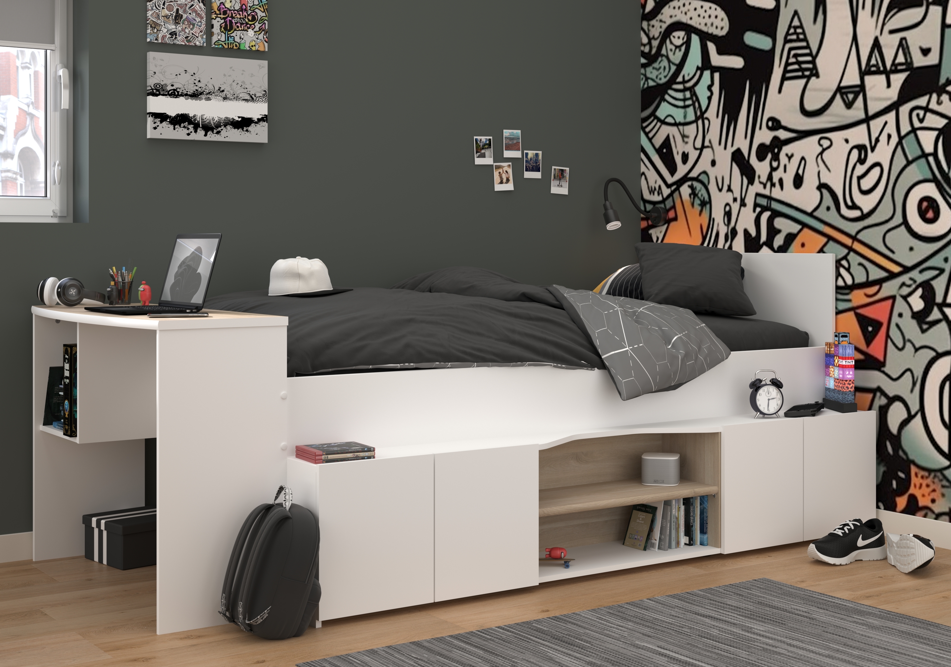 halbhohes Hochbett Cleo von Parisot in Weiß und Jackson Eiche