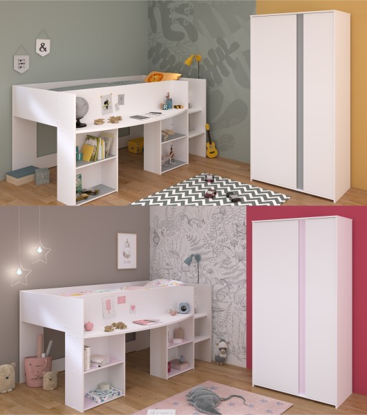 Jugendzimmer Pirouette 14 2-teilig von Parisot in Weiß und Rosa / Kieselgrau mit Kleiderschrank und Hochbett - Jugendzimmer Kinderzimmer Möbel Teenagerzimmer