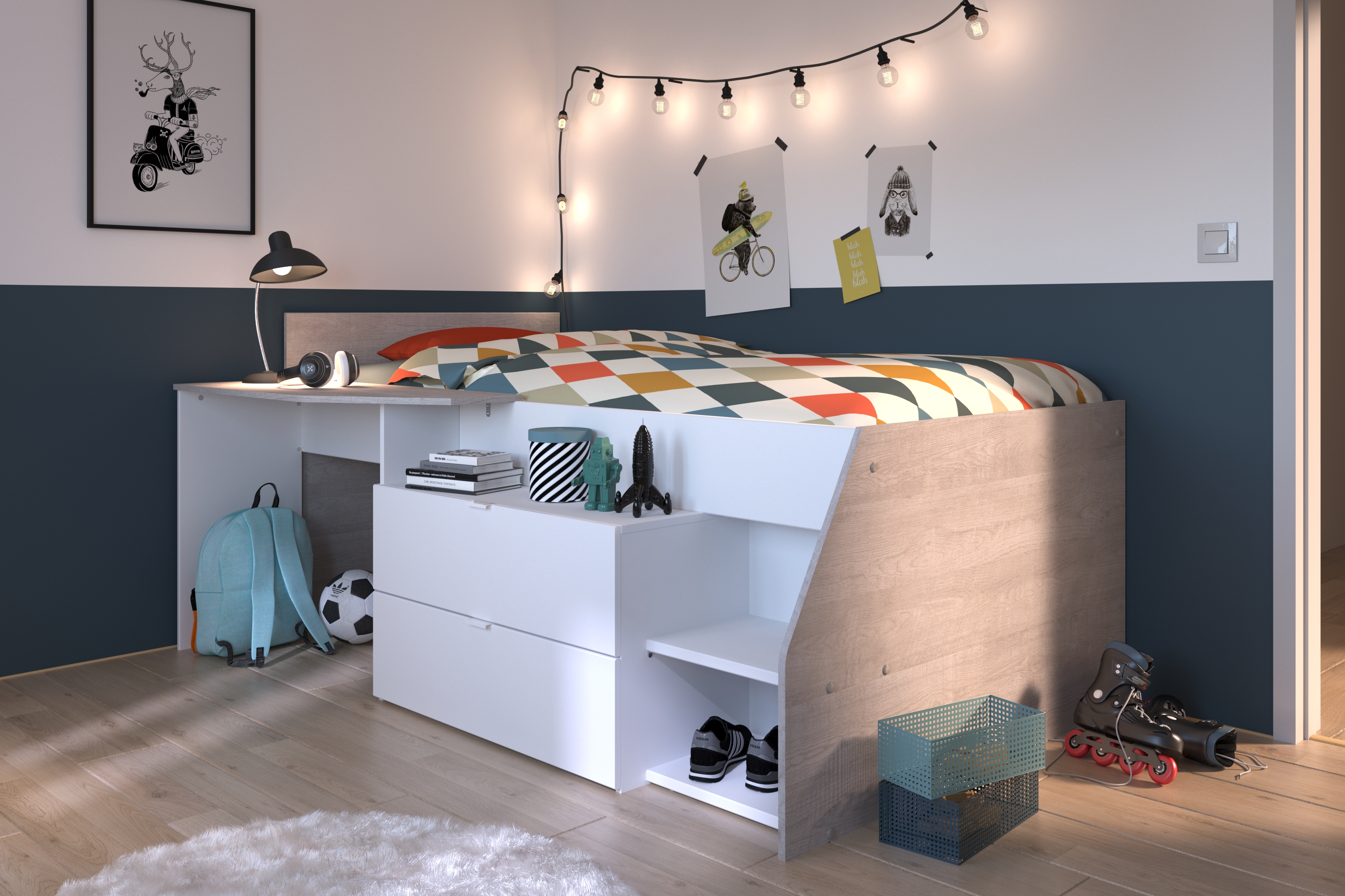 halbhohes Funktions- Hochbett Milky 1 von Parisot Jugendzimmer Möbel in Weiß und Grey Loft