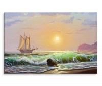 120x80cm Wandbild Segelboot Strand Wellen Sonnenuntergang