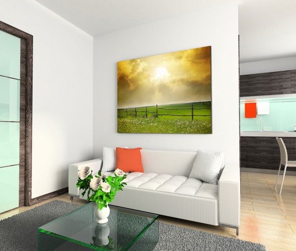 120x80cm Wandbild Wiese Blumen Holzzaun Sonnenuntergang