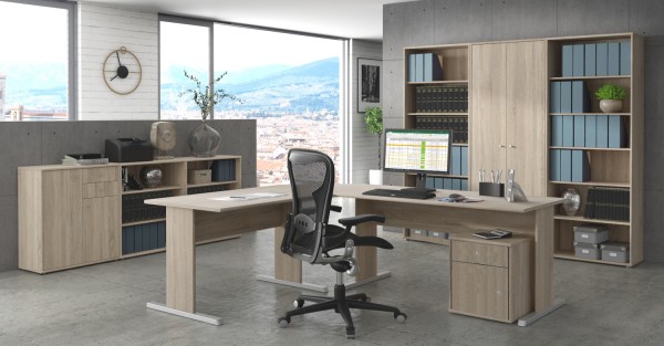 Büromöbel Tempra 2 von Forte 8 teiliges Megaset mit Winkelschreibtisch, Rollcontainer, Regalwand mit großem Schrank und zwei großen Regalen, Flachstrecke mit zwei Regalen und einer Kommode