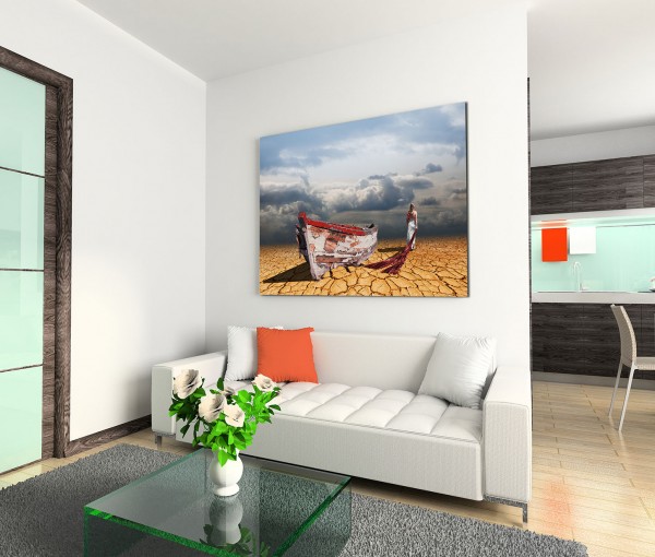 120x80cm Wandbild Malerei Steinwüste Holzboot Frau Wolkenhimmel