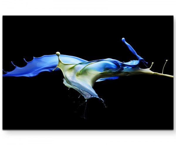 Farbensplash blau und gelb, schwarzer Hintergrund - Leinwandbild