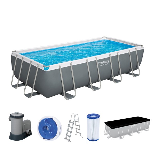 Bestway 56465 Power Steel™ Frame Pool 549 x 274 x 122 cm – Komplettset mit Filterpumpe, grau, eckig