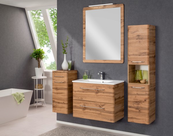 Badezimmer Beta in Eiche 5 teilig mit Waschbeckenunterschrank inklusive Becken, Spiegelschrank, Häng