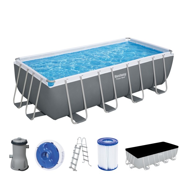 Bestway 56670 Power Steel™ Frame Pool 488 x 244 x 122 cm – Komplettset mit Filterpumpe, grau, eckig