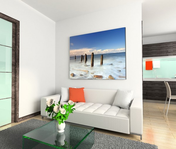120x80cm Wandbild Schottland Meer Wellenbrecher Steine