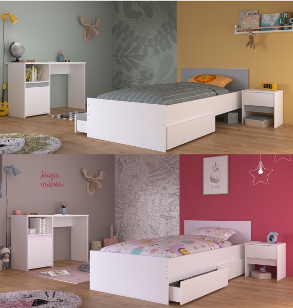 Jugendzimmer Pirouette 27 4teilig von Parisot in Weiß und Rosa / Kieselgrau mit Jugendbett mit Bettschubkastenset und Nachttisch, Schreibtisch - Jugendzimmer Kinderzimmer Möbel Teenagerzimmer