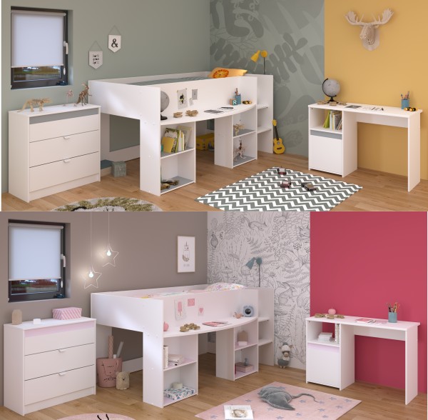 Jugendzimmer Pirouette 15 3-teilig von Parisot in Weiß und Rosa / Kieselgrau mit Hochbett, Kommode und Schreibtisch - Jugendzimmer Kinderzimmer Möbel Teenagerzimmer