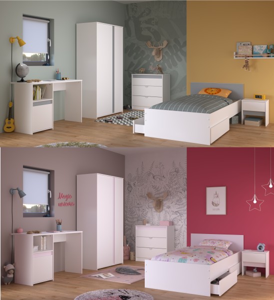 Jugendzimmer Pirouette 21 6-teilig von Parisot in Weiß und Rosa / Kieselgrau mit Kleiderschrank, Jugendbett mit Bettschubkastenset und Nachttisch, Kommode und Schreibtisch - Jugendzimmer Kinderzimmer Möbel Teenagerzimm