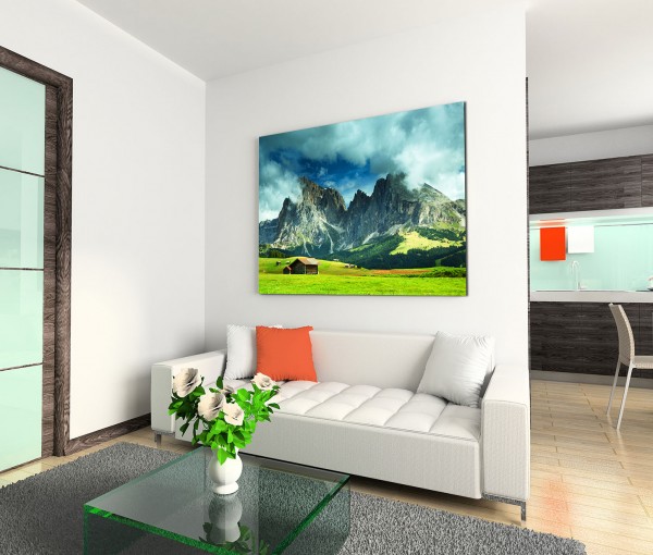 120x80cm Wandbild Alpen Berge Wiesen Holzhütte Wolken