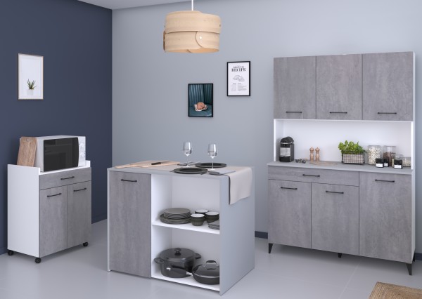 Buffet Küchenbuffet Küchenschrank Malice 6 von Parisot 3 teilig in Weiß und Beton Komplett Set