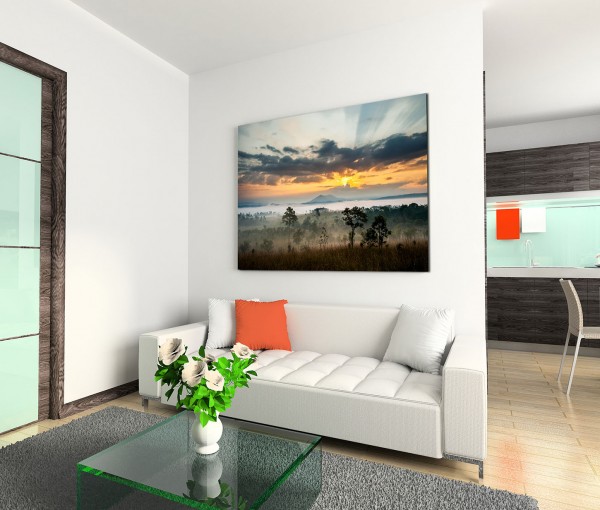 120x80cm Wandbild Thailand Landschaft Wiesen Bäume Sonnenaufgang