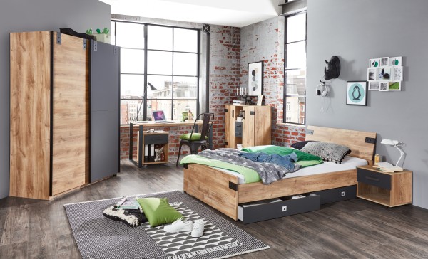 Jugendzimmer Liverpool von Wimex 7 teiliges Komplett Set in Plankeneiche und Graphit mit 90er Jugendbett mit Schubkästen, Schwebetürenschrank, Nachttisch, Schreibtisch mit Rollcontainer, Kommode - Kinderzimmer Möbel Teenager Zimmer Jungs und Mädchen