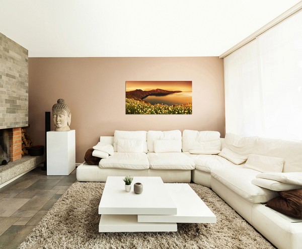 120x60cm Santorini Bucht Blumen Meer Felsen