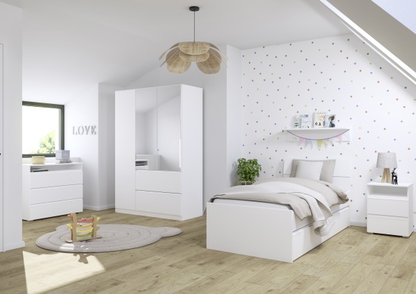 RAUCH BLUE Jugendzimmer Joel 5 teilig Komplett Set in Weiß mit Kleiderschrank, Jugendbett, Nachttisch, Wandregal und Kommode - Jugendzimmer Kinderzimmer Möbel Teenagerzimmer