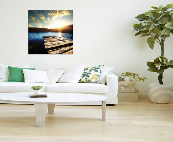 120x80cm See Steg Bäume Natur Sonnenuntergang