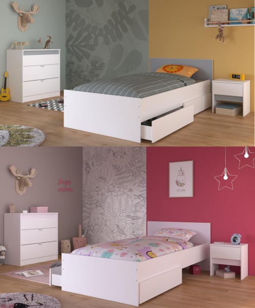 Jugendzimmer Pirouette 26 4teilig von Parisot in Weiß und Rosa / Kieselgrau mit Jugendbett mit Bettschubkastenset und Nachttisch, Kommode - Jugendzimmer Kinderzimmer Möbel Teenagerzimmer