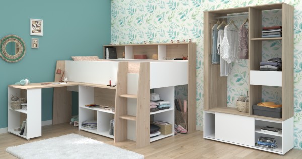 Jugendzimmer Lucas 11 von Parisot mit Hochbett in Japanischer Eiche und Weiß - Jugendzimmer Kinderzimmer Möbel Teenagerzimmer