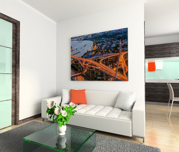 120x80cm Wandbild Bangkok Brücke Verkehr Gebäude Nacht Lichter