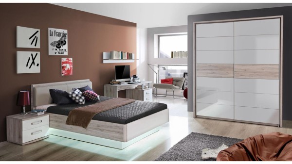 Jugendzimmer Rondino in Sandeiche und Weiß hochglanz 4 teilig +++ von möbel-direkt+++ schnell und günstig