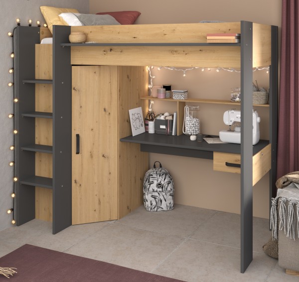 TOLLES Hochbett "Heavy 1" von Parisot Jugendzimmer Möbel in Artisan Eiche und Schwarz mit integriertem Schreibtisch und Kleiderschrank - Jugendzimmer Kinderzimmer Möbel Teenager Zimmer Jungs und Mädchen