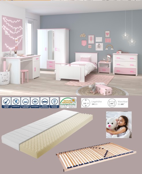 Jugendzimmer Biotiful 13 von Parisot 7 teilig Komplett Set in Weiß mit Rosa mit Lattenrost und Matratze - Jugendzimmer Kinderzimmer Möbel Teenagerzimmer