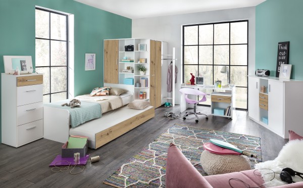 Jugendzimmer Joker 8 teilig in Weiß und Artisan Eiche Kinderzimmer Komplett Set - Jugendzimmer Kinderzimmer Möbel Teenagerzimmer