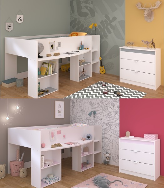 Jugendzimmer Pirouette 16 2-teilig von Parisot in Weiß und Rosa / Kieselgrau mit Hochbett und Kommode - Jugendzimmer Kinderzimmer Möbel Teenagerzimm