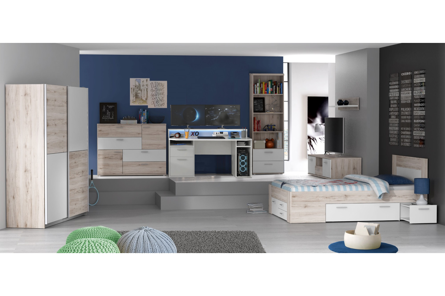 Jugendzimmer Steffie mit Gamertisch komplett Gaming Zimmer in Sandeiche und Weiß