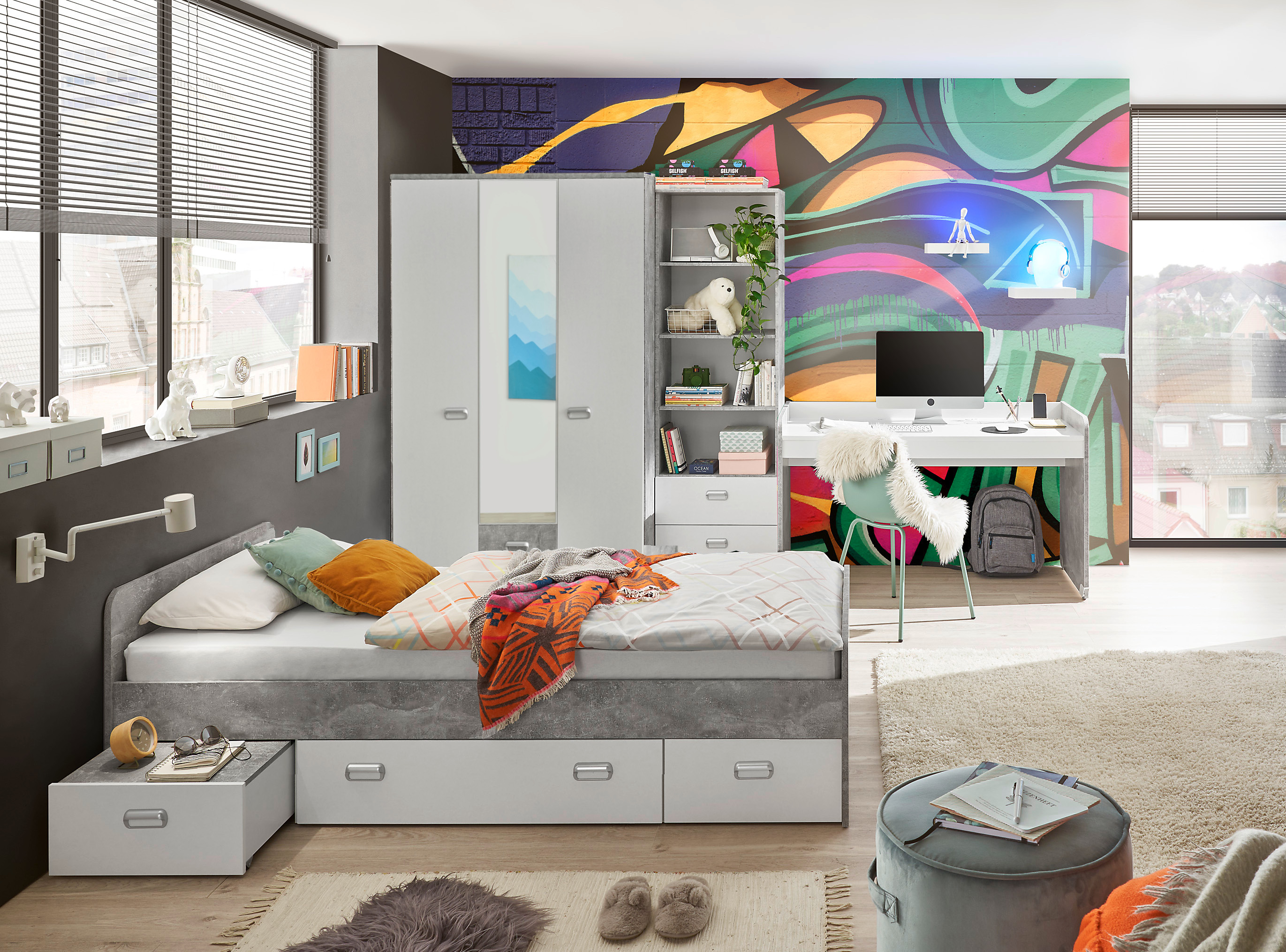 Jugendzimmer Matino in Beton hell und Weiß 4 teiliges Kinderzimmer Komplett Set 