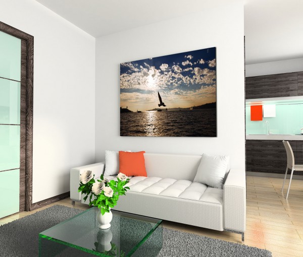 120x80cm Wandbild Istanbul Bosporus Fluss Vögel Abendsonne